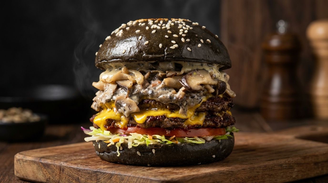 Burger Gourmet au Bœuf, Crème de Champignons et Truffe Noire