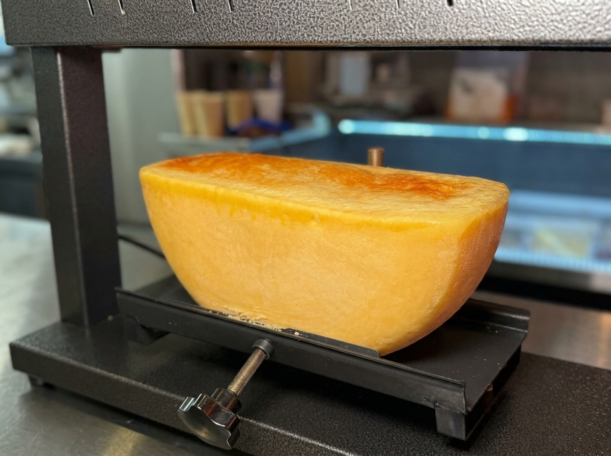 Gros plan sur la surface dune meule de fromage qui dore et grille sous une chaleur intense.
