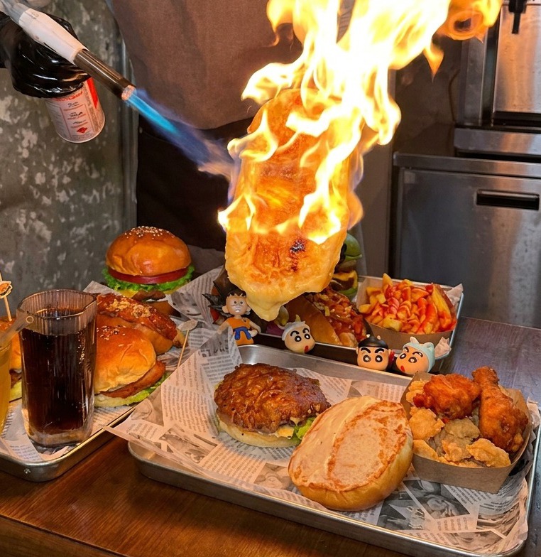 Une main utilisant un chalumeau de cuisine pour faire dorer et buller la surface dune grande meule de fromage.