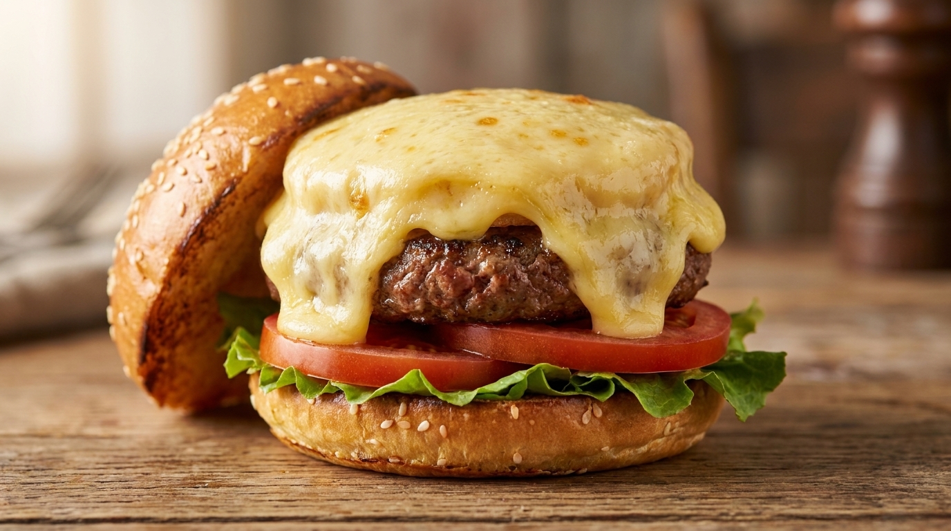 Burger gourmet au bœuf et à la raclette à la meule