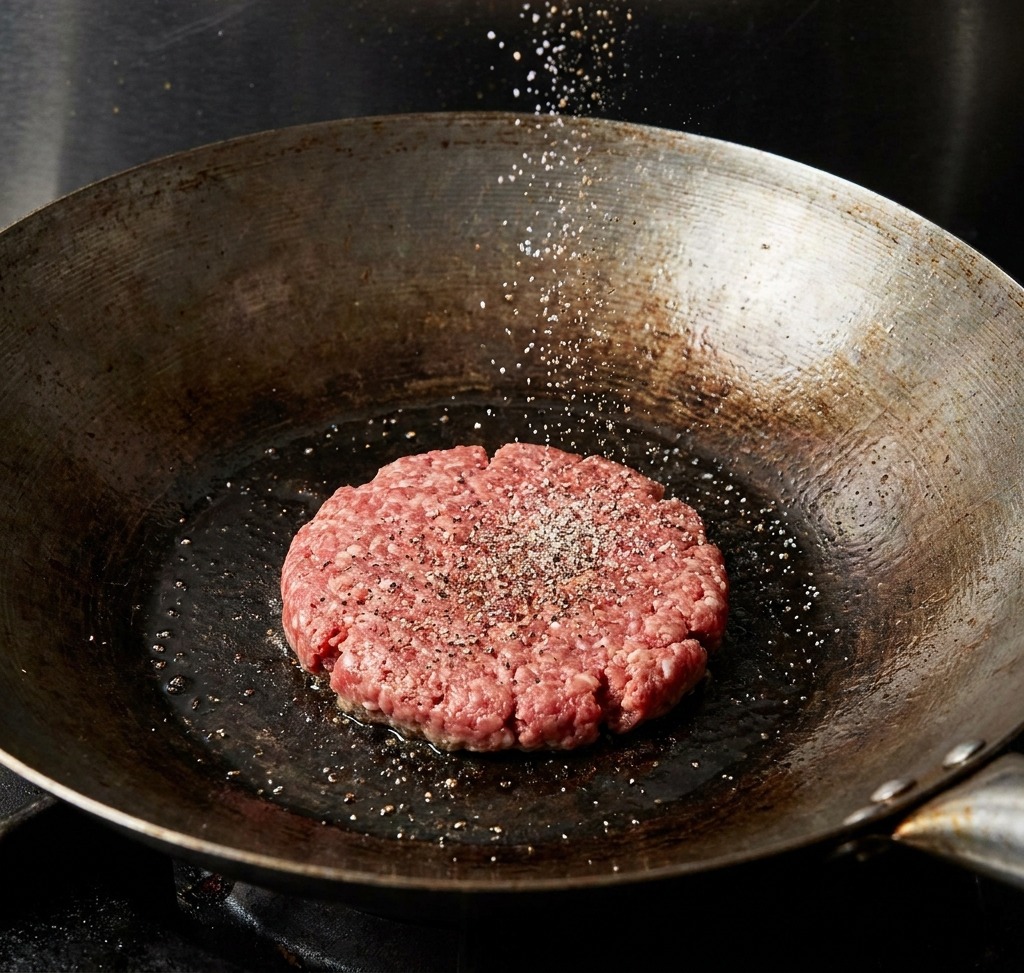 Du sel et du poivre noir saupoudrés sur un steak de bœuf cru en train de saisir dans une poêle chaude.