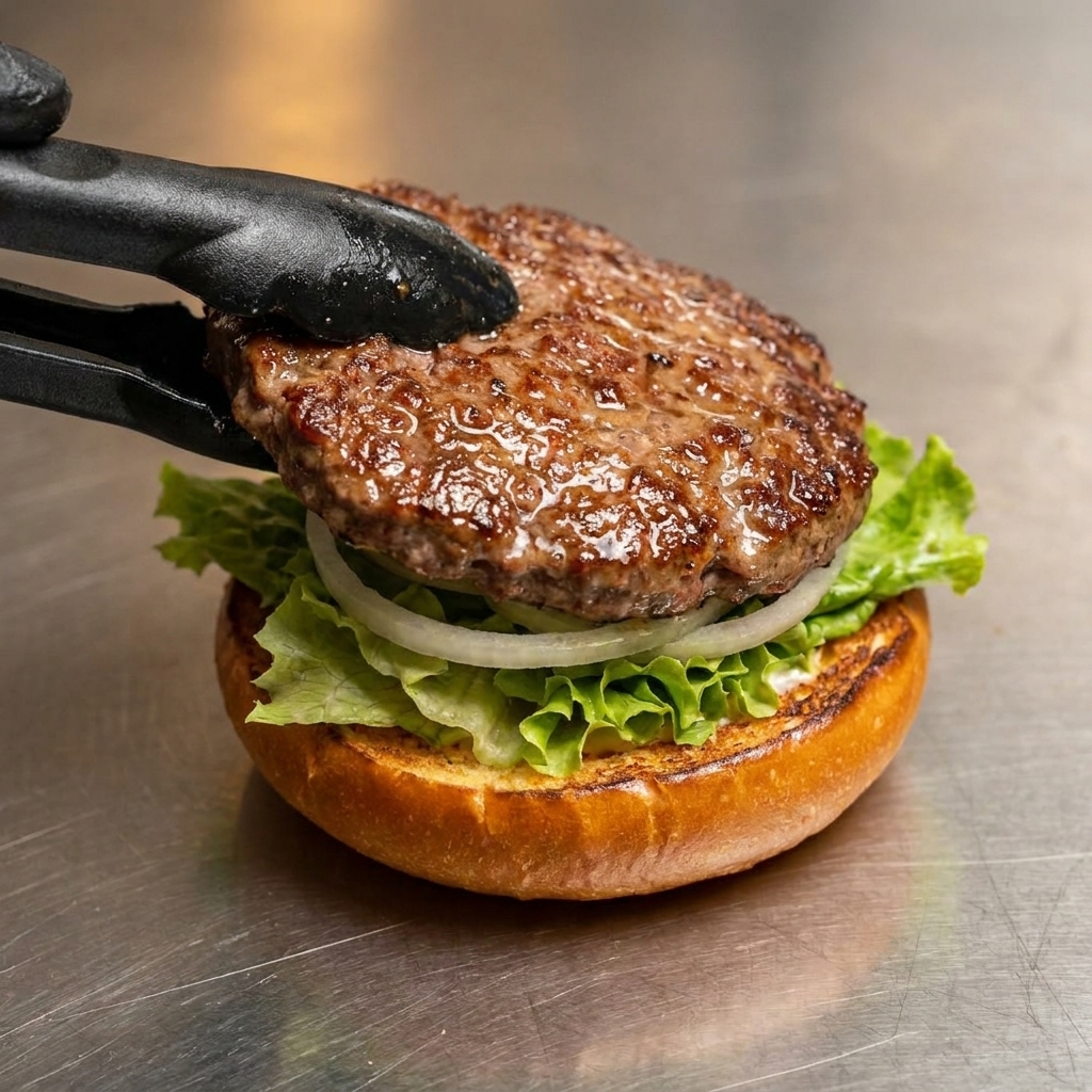 Une pince déposant un steak de bœuf juteux et doré sur un pain préparé avec de la salade et des rondelles doignon.