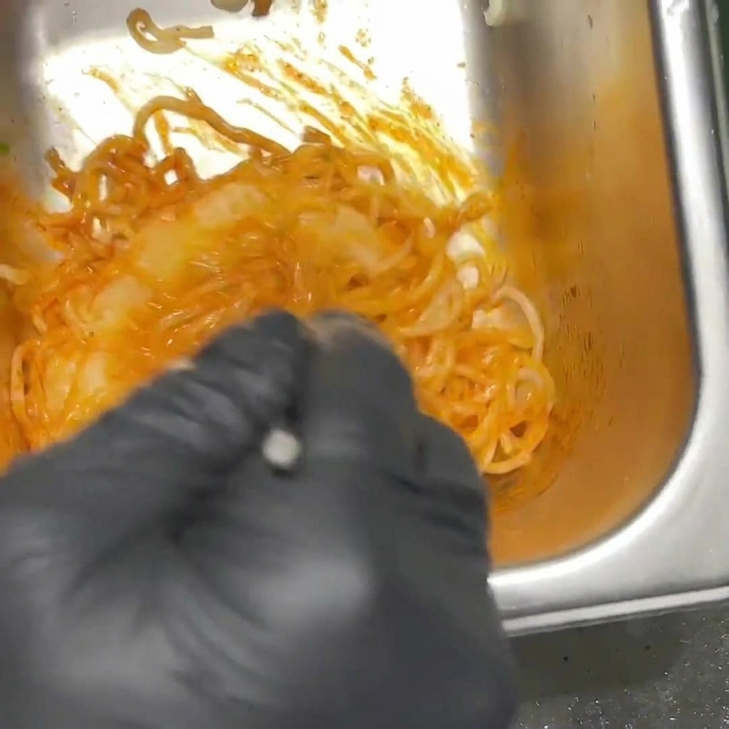 Des nouilles ramen dun rouge orangé épicé mélangées dans un récipient en métal par une personne portant des gants noirs.