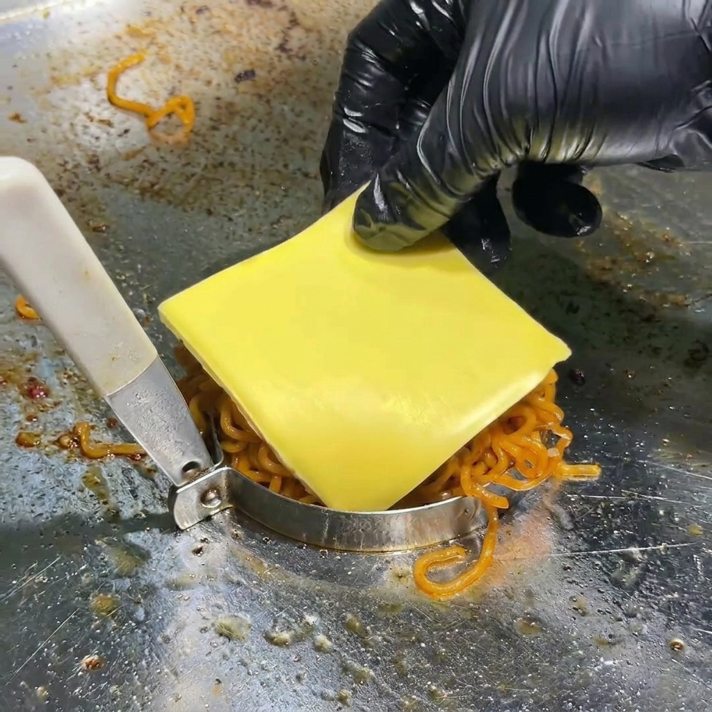 Une main gantée déposant une tranche de cheddar jaune sur un dôme de nouilles épicées fumantes dans un cercle en métal sur un gril.