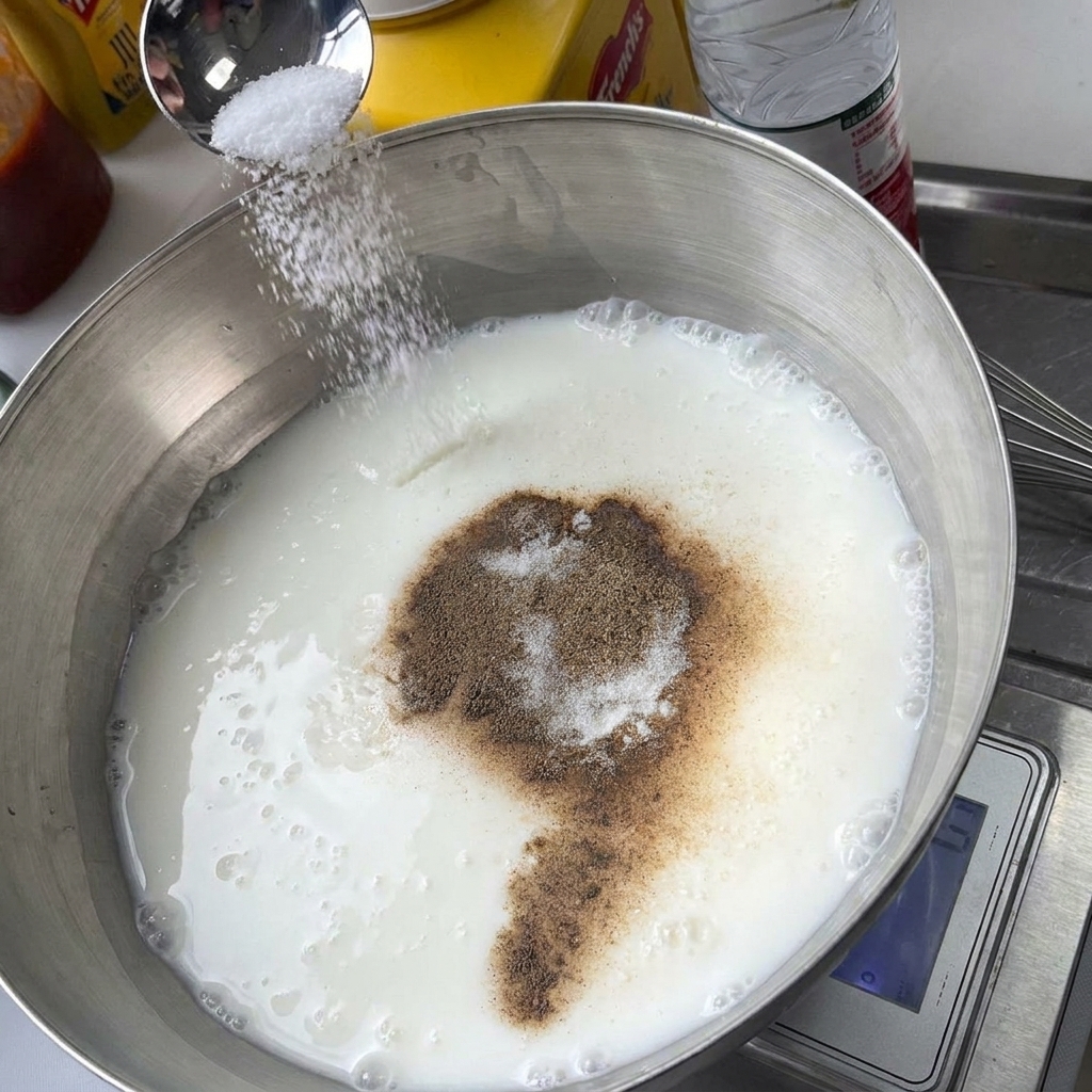 Une cuillerée de sel blanc saupoudrée dans un bol en métal contenant du yaourt et un mélange dépices brunes.