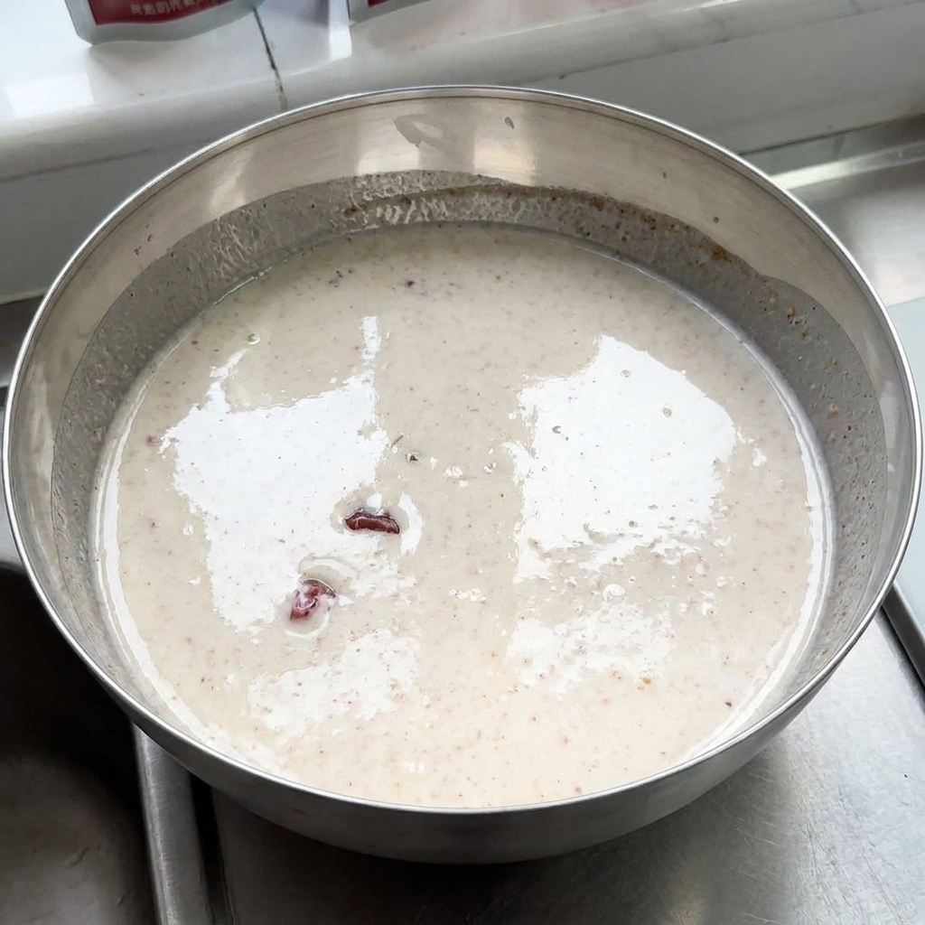 Des morceaux de poulet cru plongeant dans un grand bol en métal rempli dune marinade crémeuse au yaourt épicé.