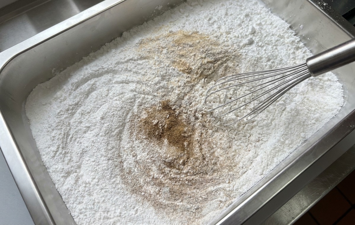 Un fouet métallique mélangeant de lail en poudre et du poivre dans un plateau de fécule de maïs et de farine de riz gluant.