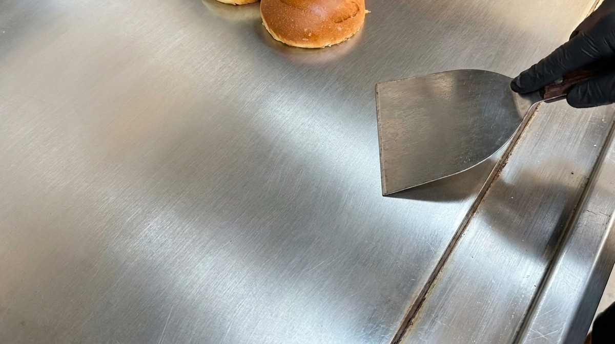 Des moitiés de pains à burger briochés toastant sur une grande plaque de cuisson en acier inoxydable à côté dune spatule en métal.