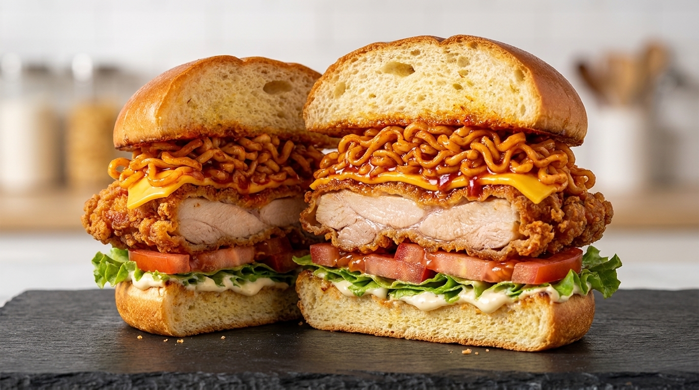 Burger au poulet frit croustillant et nouilles Buldak épicées