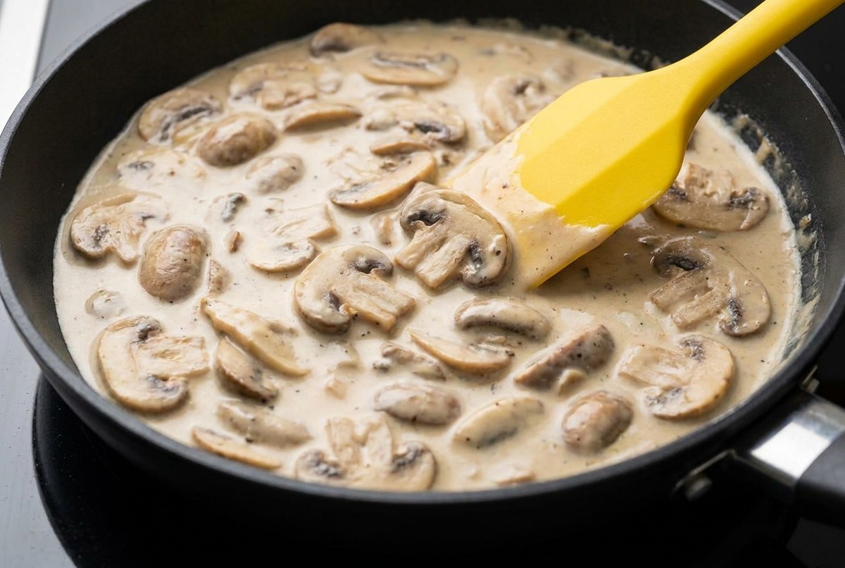 Une spatule jaune remuant une sauce crémeuse aux champignons qui mijote et frémit dans une poêle noire.