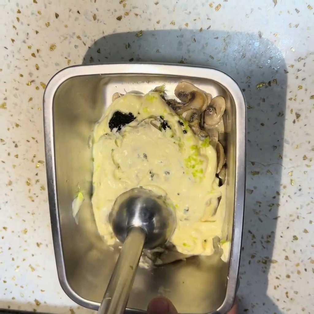Un mixeur plongeant mixant les champignons sautés, la crème entière et la pâte de truffe noire dans un récipient en métal pour obtenir une sauce lisse et épaisse.