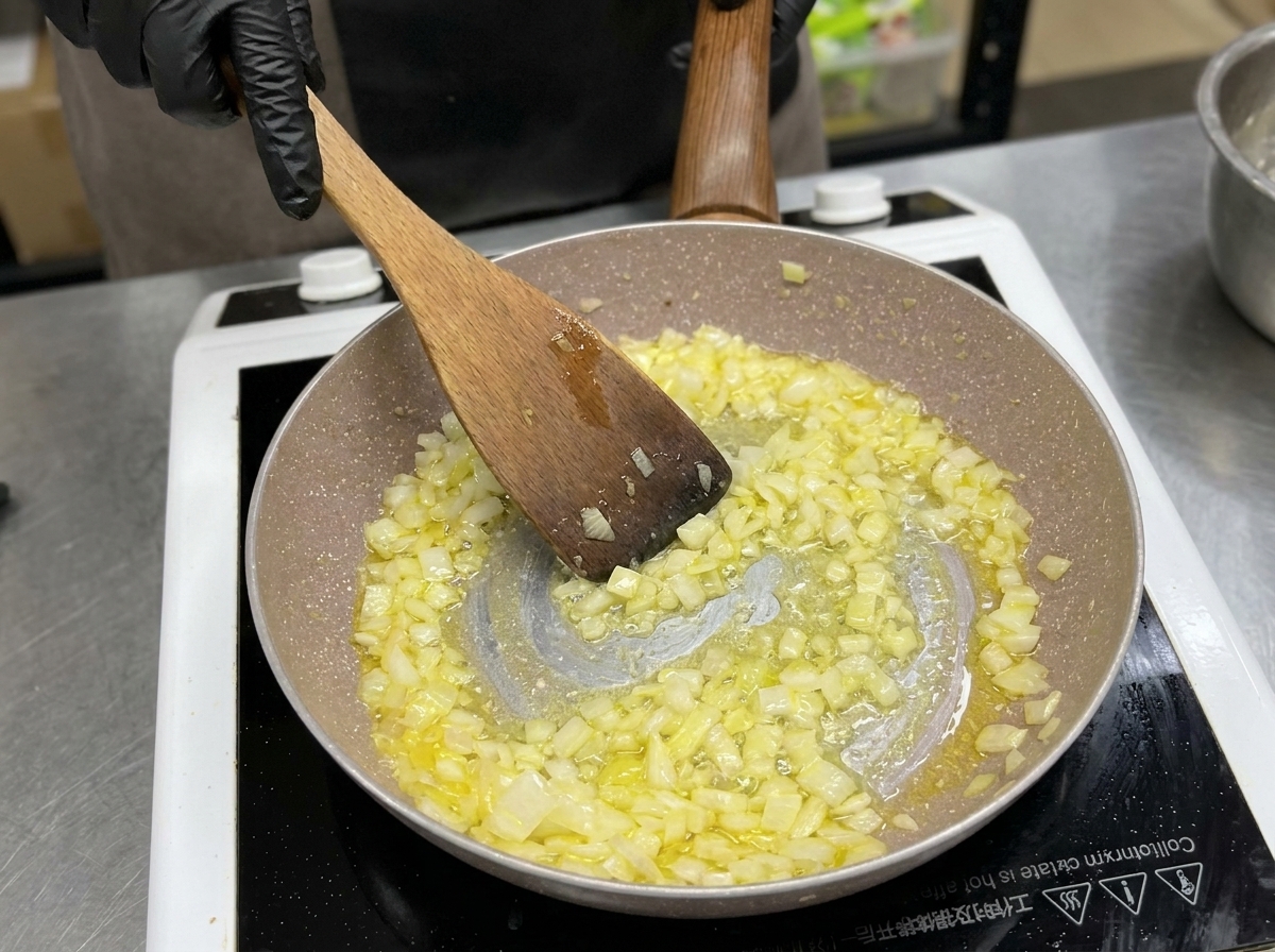 Une spatule en bois remuant les dés doignon et lail dans une poêle jusquà ce quils soient tendres et translucides.