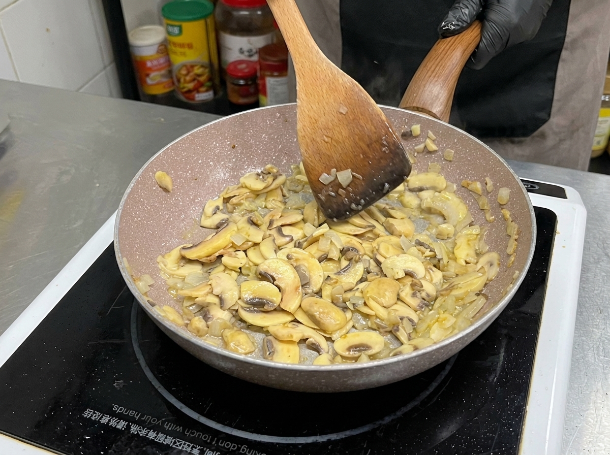 Champignons émincés et oignons sautés dans une poêle avec une spatule en bois, montrant une belle coloration dorée et une réduction de volume.