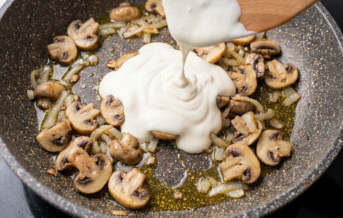 De la crème fraîche liquide entière versée depuis une spatule dans une poêle contenant les champignons et oignons dorés.