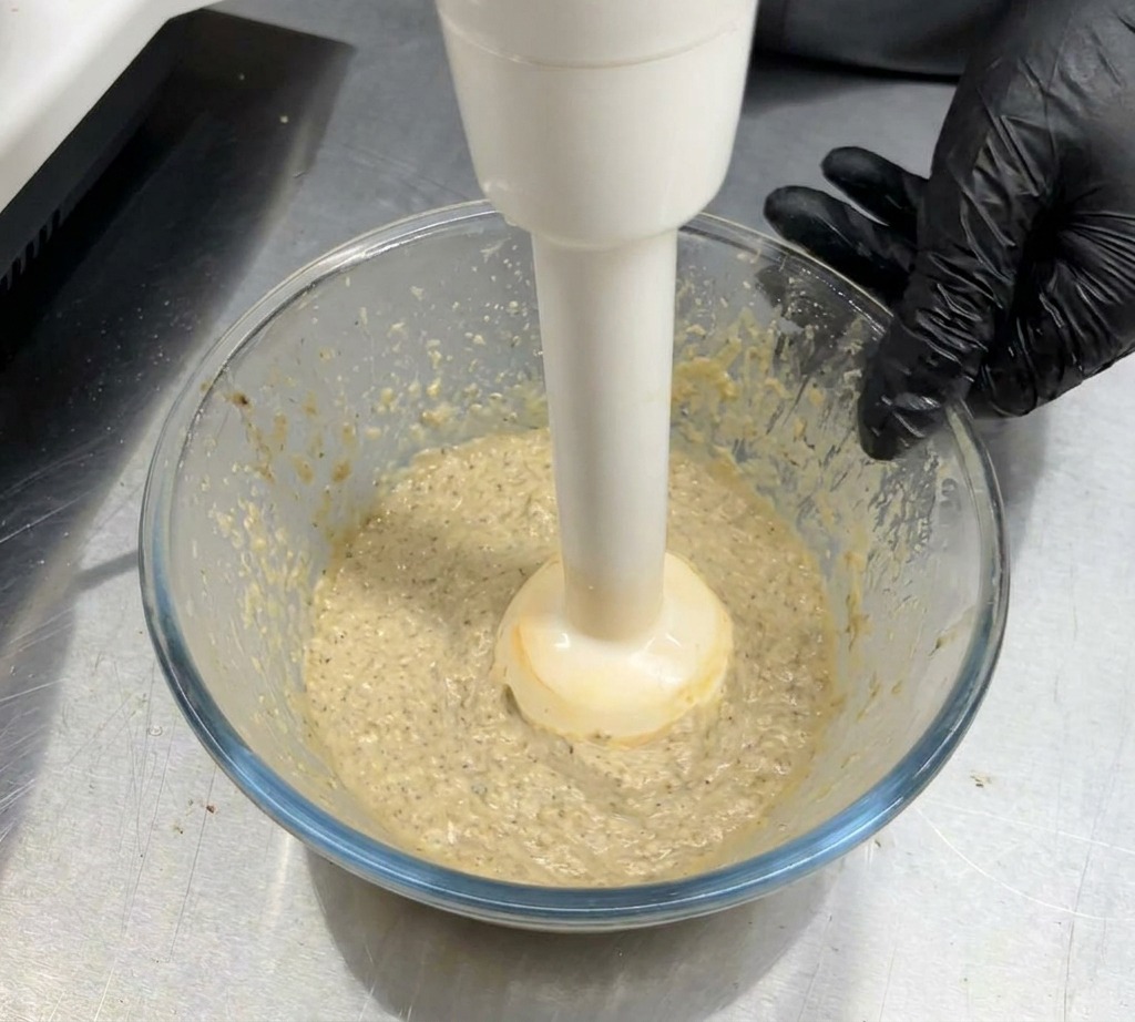 Un mixeur plongeant blanc utilisé dans un bol en verre transparent pour réduire en purée lisse un mélange de champignons cuits et de crème.