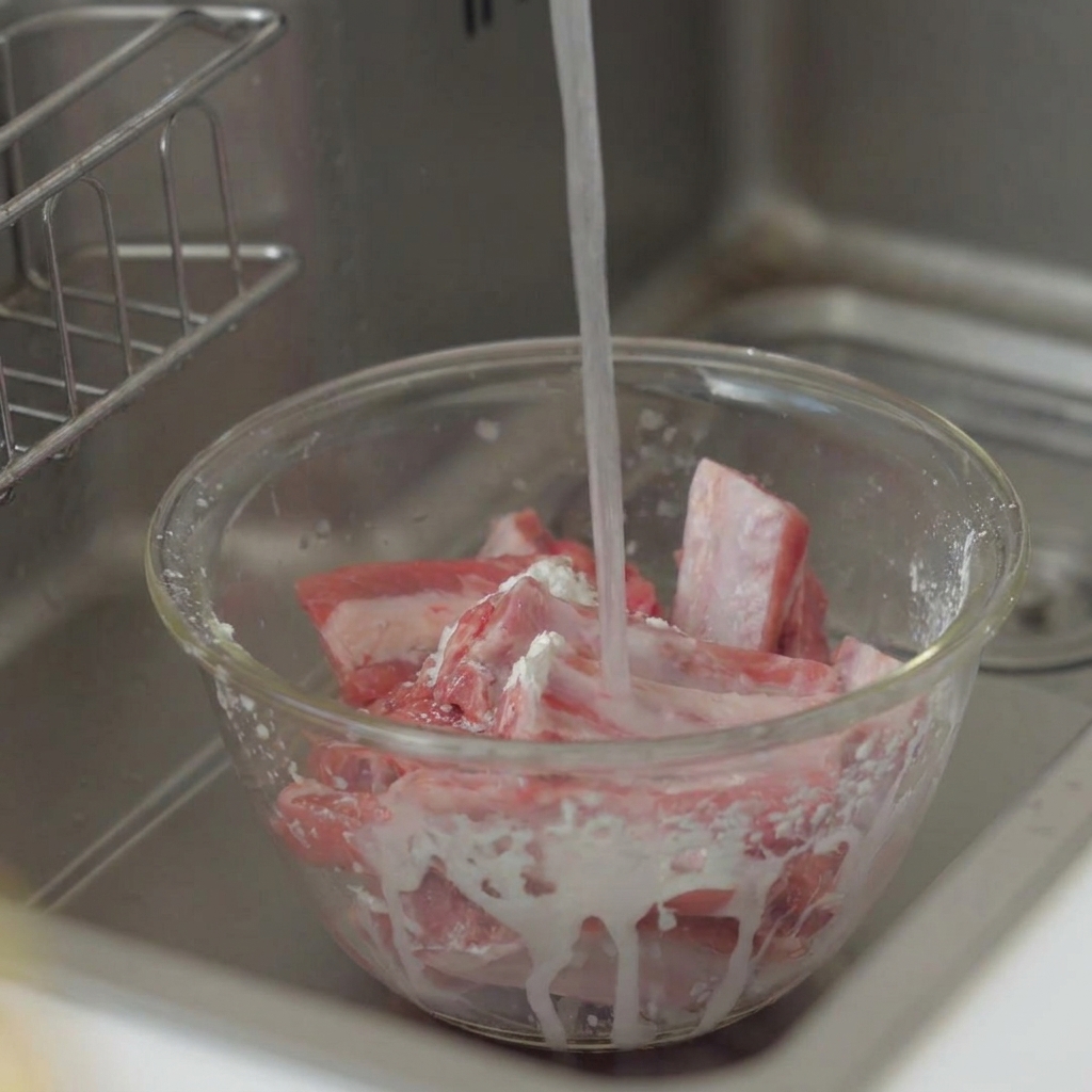Un filet deau du robinet coulant dans un bol en verre pour rincer la fécule de maïs des travers de porc.