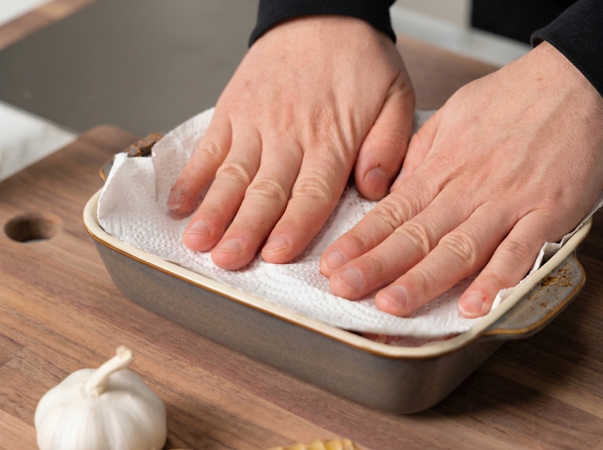 Des mains pressant du papier absorbant blanc sur des travers de porc propres disposés dans un plat de cuisson en céramique.