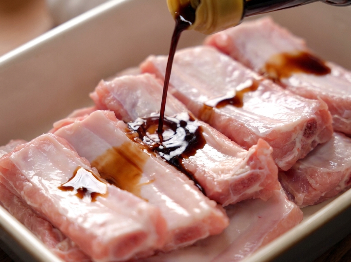 Un mince filet de sauce soja foncée versé sur des travers de porc propres et clairs dans un récipient blanc.