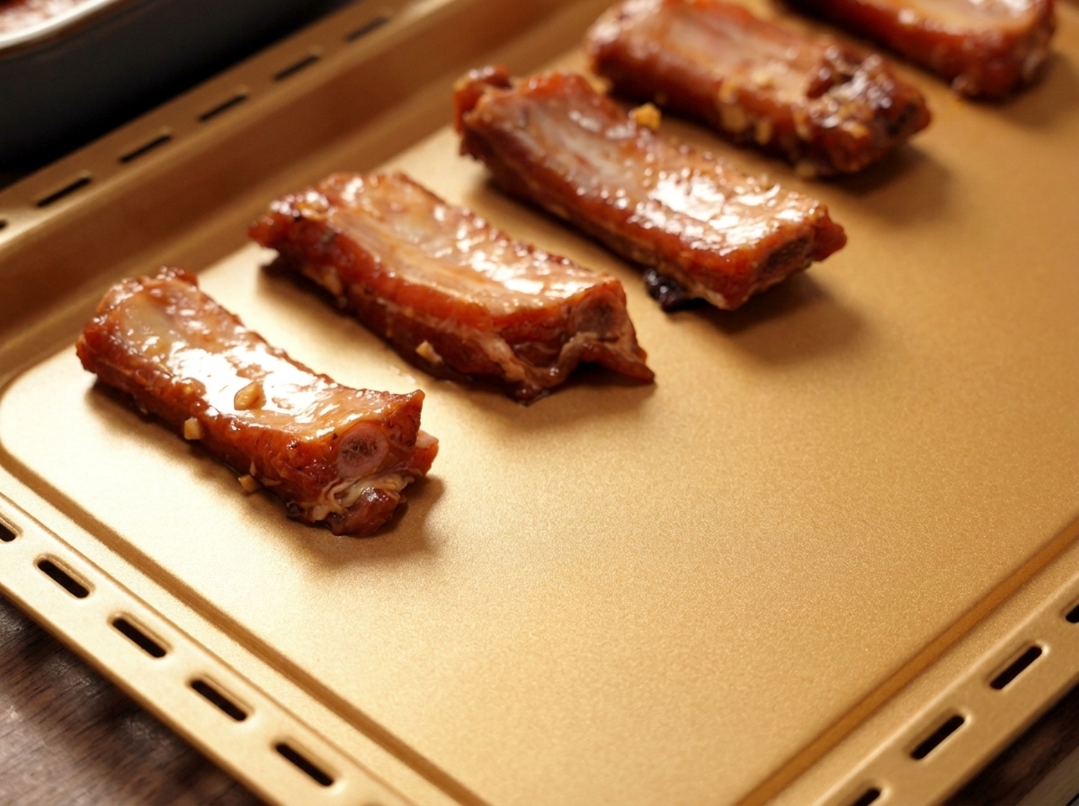 Cinq morceaux de travers de porc marinés espacés régulièrement en une seule couche sur une plaque de cuisson rectangulaire dorée.