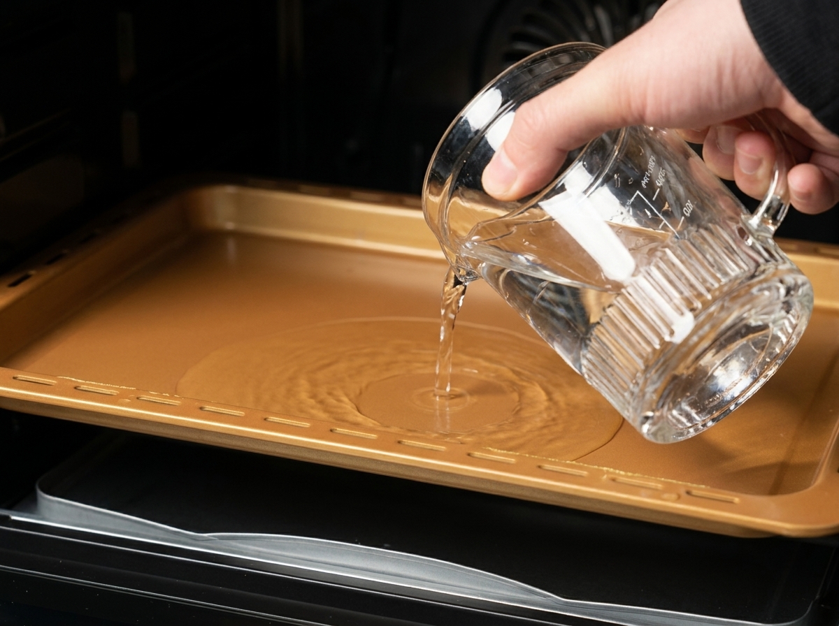 Une main versant de leau depuis un verre doseur dans une plaque dorée peu profonde placée à lintérieur dun four.