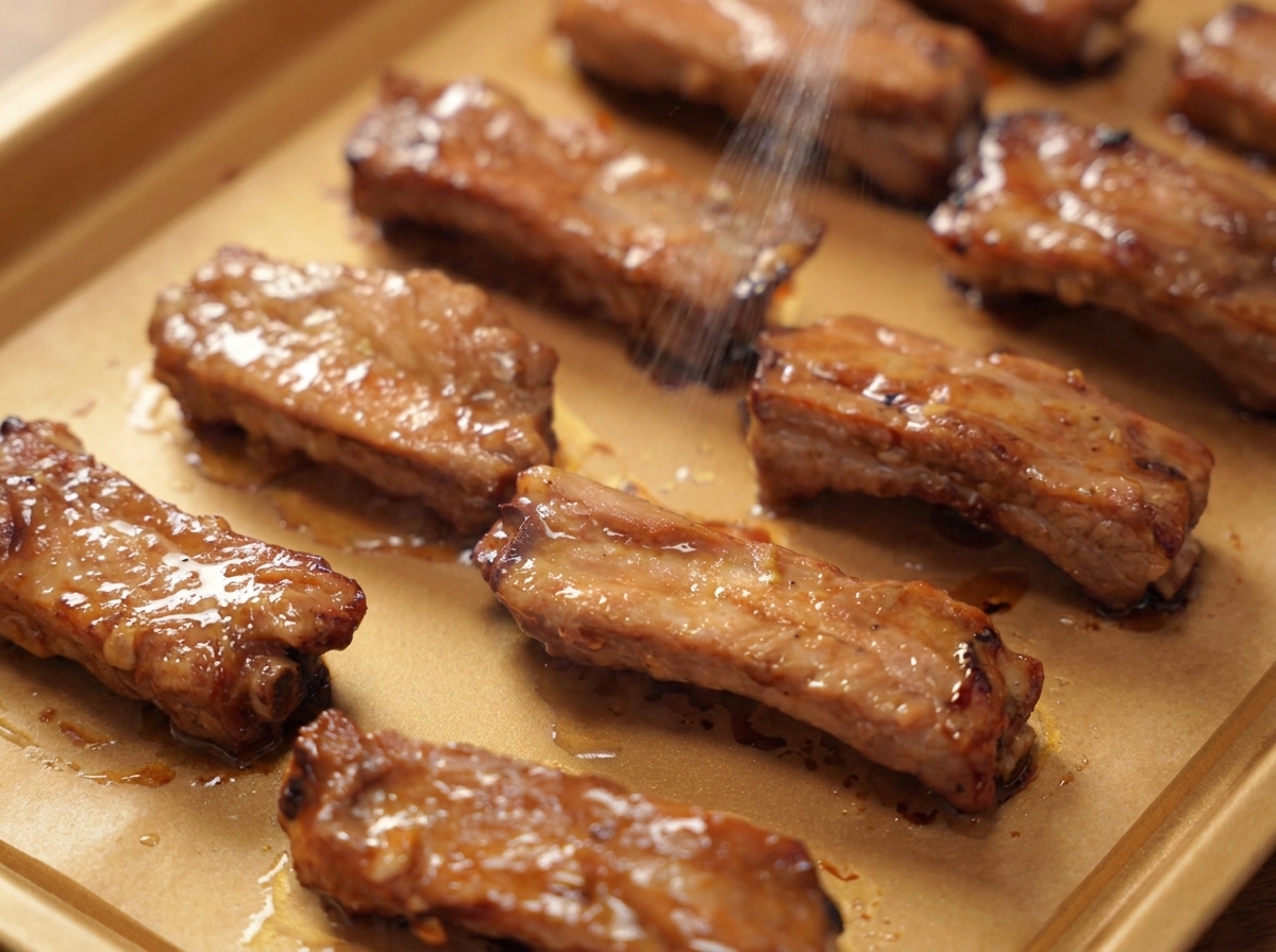 Une fine brume dhuile de cuisson vaporisée sur la surface de travers de porc rôtis posés sur une plaque de cuisson.
