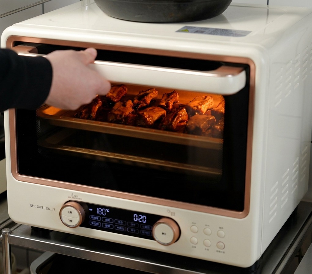 Une vue à travers la porte du four montrant des travers de porc rôtissant sur une plaque jusquà être bien dorés et crépitants.