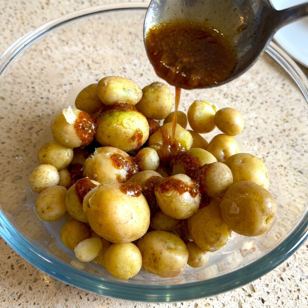 Une cuillère verse un reste de marinade rouge-brun sur un saladier repris de petites pommes de terre grenailles entières et précuites.
