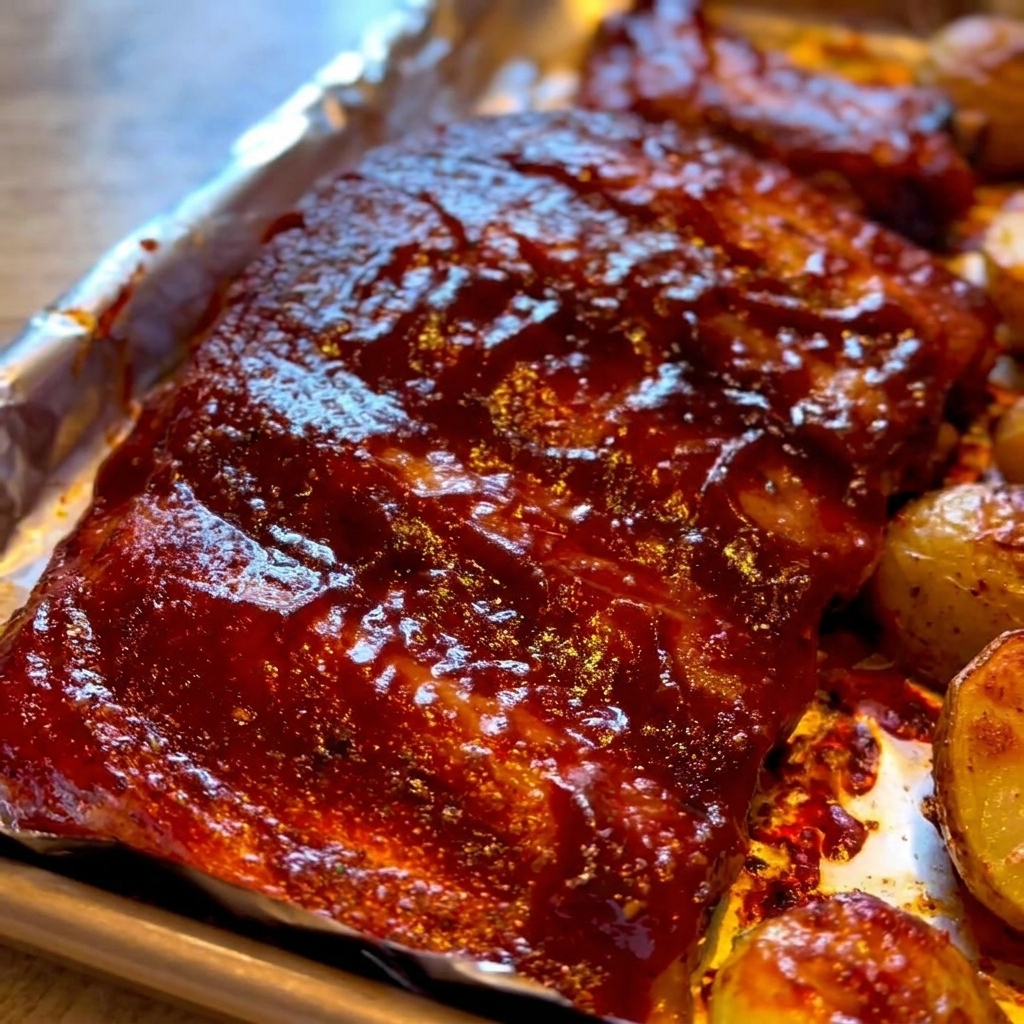 Gros plan sur un pinceau étalant une sauce barbecue épaisse et rouge foncé sur des ribs de porc cuits au four.