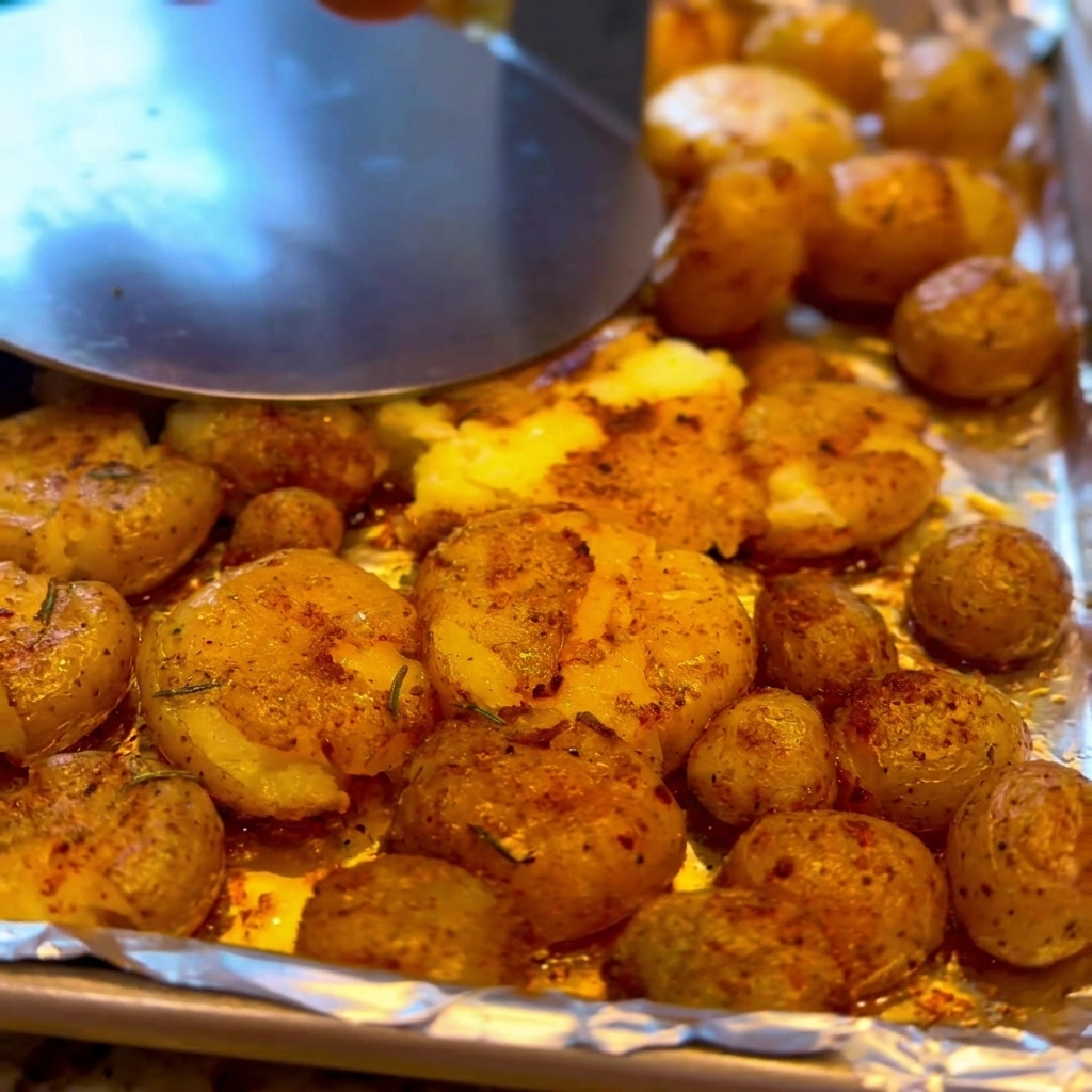 Une main utilise un presse-purée métallique rond pour aplatir des pommes de terre rôties dorées sur une plaque de cuisson argentée.