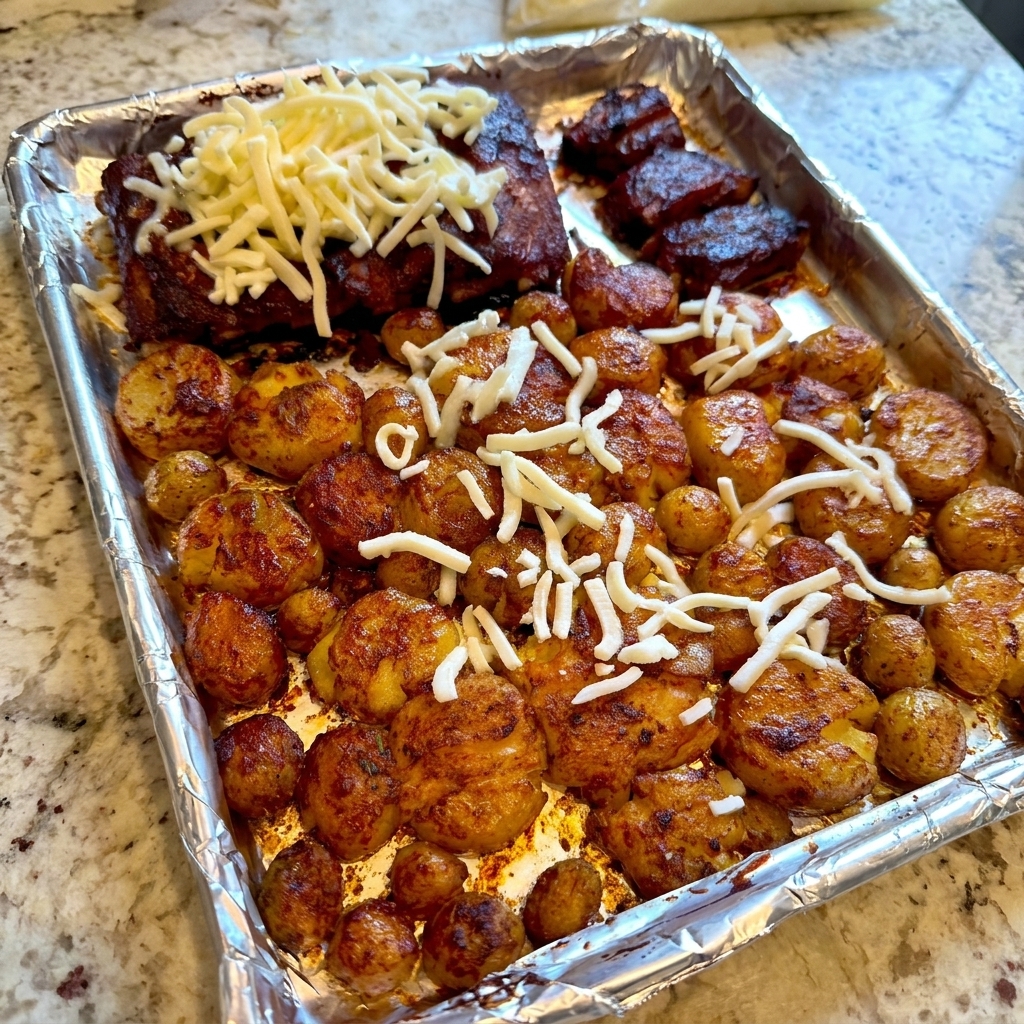 Du fromage blanc râpé est parsemé sur une plaque de ribs nappés de sauce barbecue et de pommes de terre dorées écrasées.