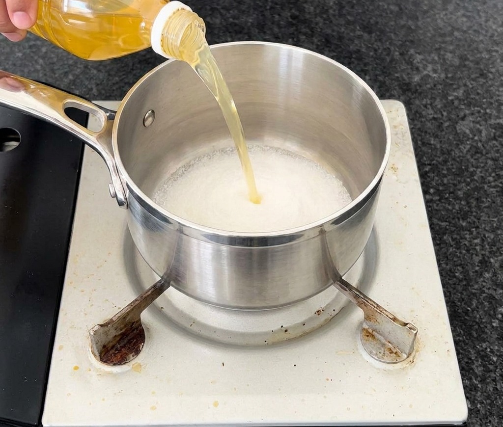 Une personne versant du vinaigre de cidre limpide depuis une bouteille en plastique dans une petite casserole en métal contenant déjà une couche de sucre blanc.
