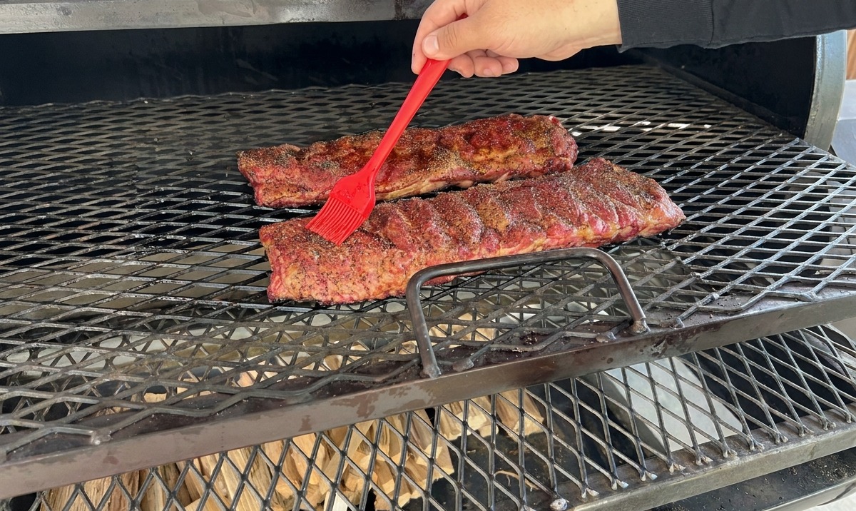 Un pinceau de cuisine rouge utilisé pour appliquer de la sauce sur deux grands morceaux de ribs en train de cuire sur les grilles dun fumoir à bois.