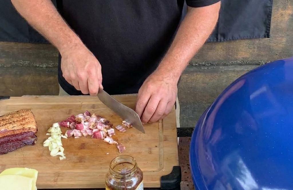 Une personne utilisant un grand couteau de chef pour couper en dés du bacon épais et des oignons blancs sur une planche en bois.