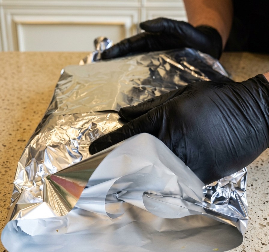 Une personne avec des gants noirs enveloppant hermétiquement un grand morceau de poitrine de bœuf épicé dans du papier aluminium.