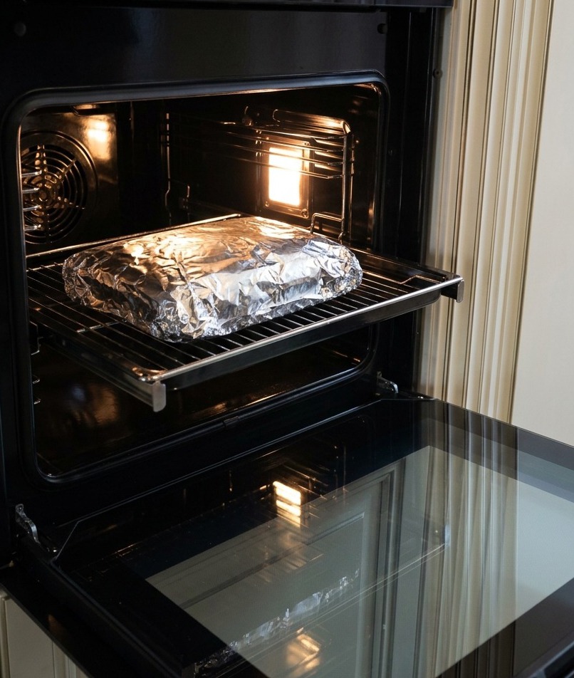 Le brisket enveloppé dans laluminium est placé au centre dune grille à lintérieur dun four noir moderne encastré, porte ouverte.
