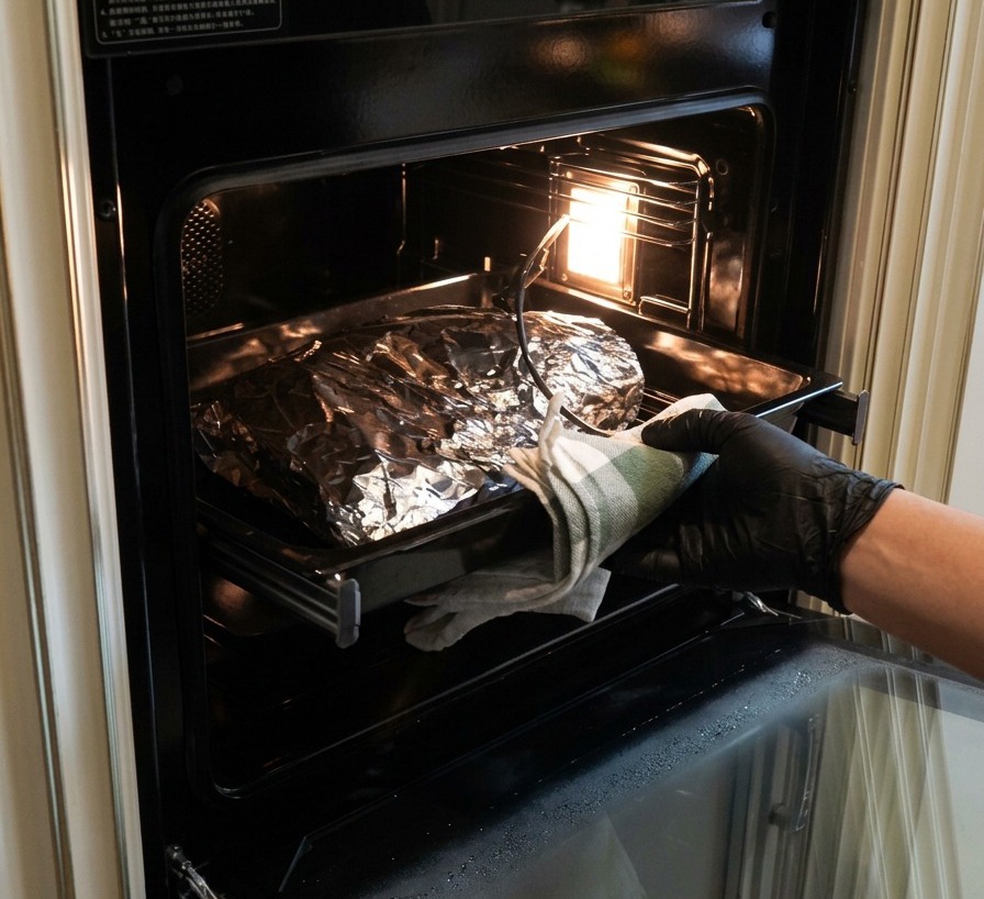 Une main gantée de noir utilisant un torchon de cuisine blanc et vert pour retirer du four un plateau contenant le brisket enveloppé daluminium.