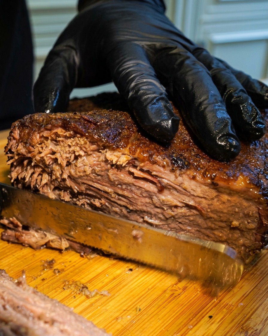 Gros plan sur une main gantée de noir soulevant avec un couteau une tranche épaisse et juteuse de brisket pour montrer les fibres tendres de la viande.