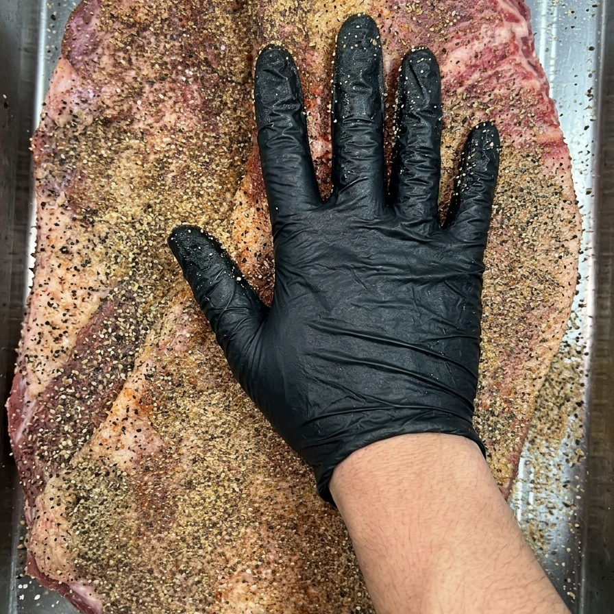 Une personne avec des gants en nitrile noirs pressant lenrobage de sel et de poivre sur la surface de la viande crue.