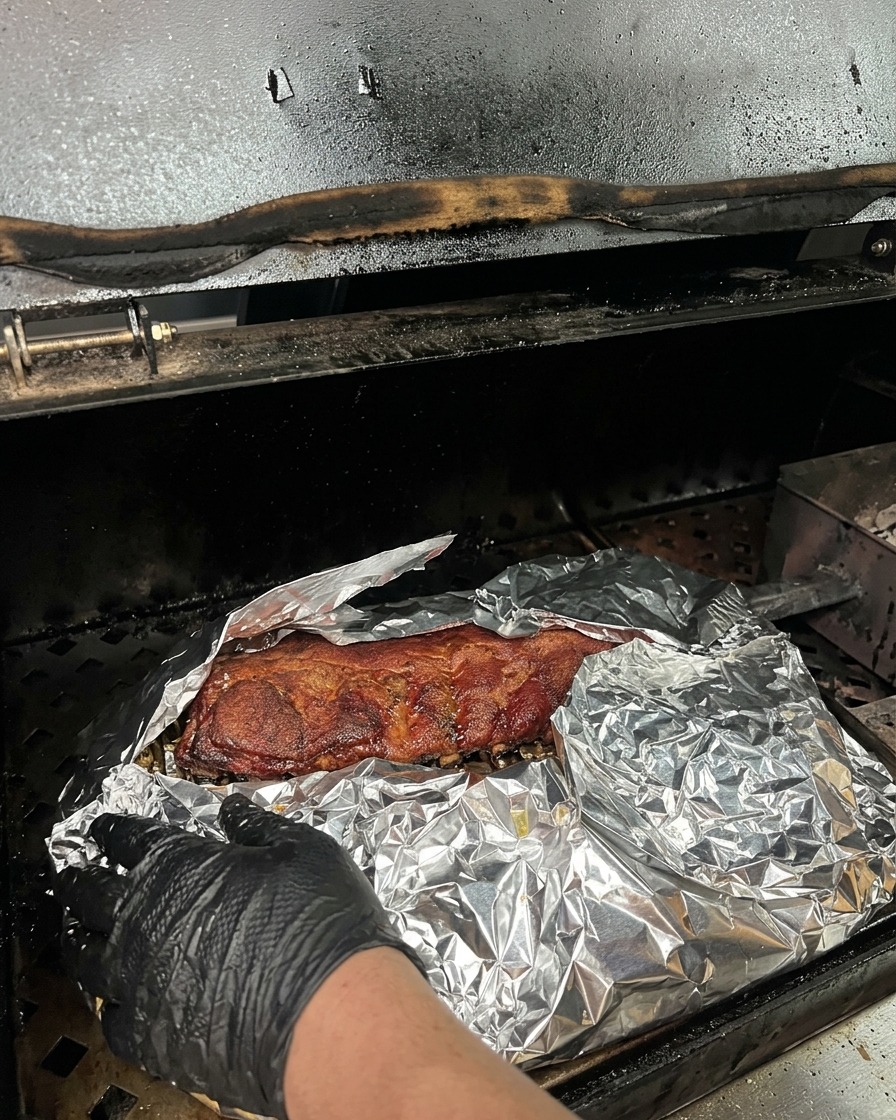 Une grande poitrine de bœuf fumée en cours demballage dans plusieurs couches de papier daluminium sur la grille du fumoir.