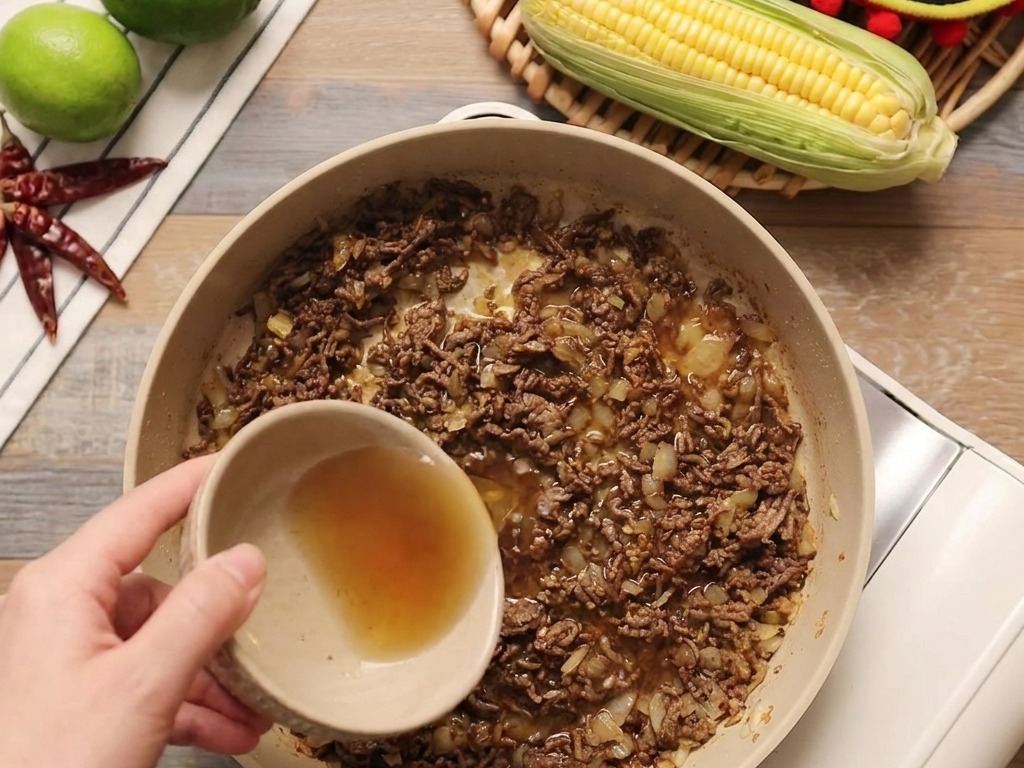 Du liquide versé depuis un petit bol dans une poêle de bœuf haché assaisonné et doignons.