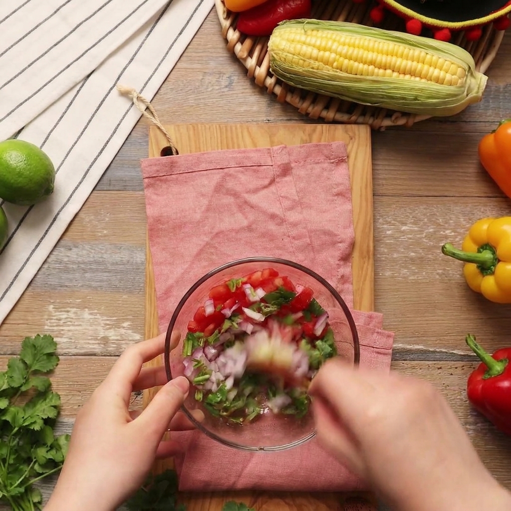 Gros plan sur une main mélangeant à la cuillère une salsa fraîche de tomates, oignons et coriandre dans un bol transparent.