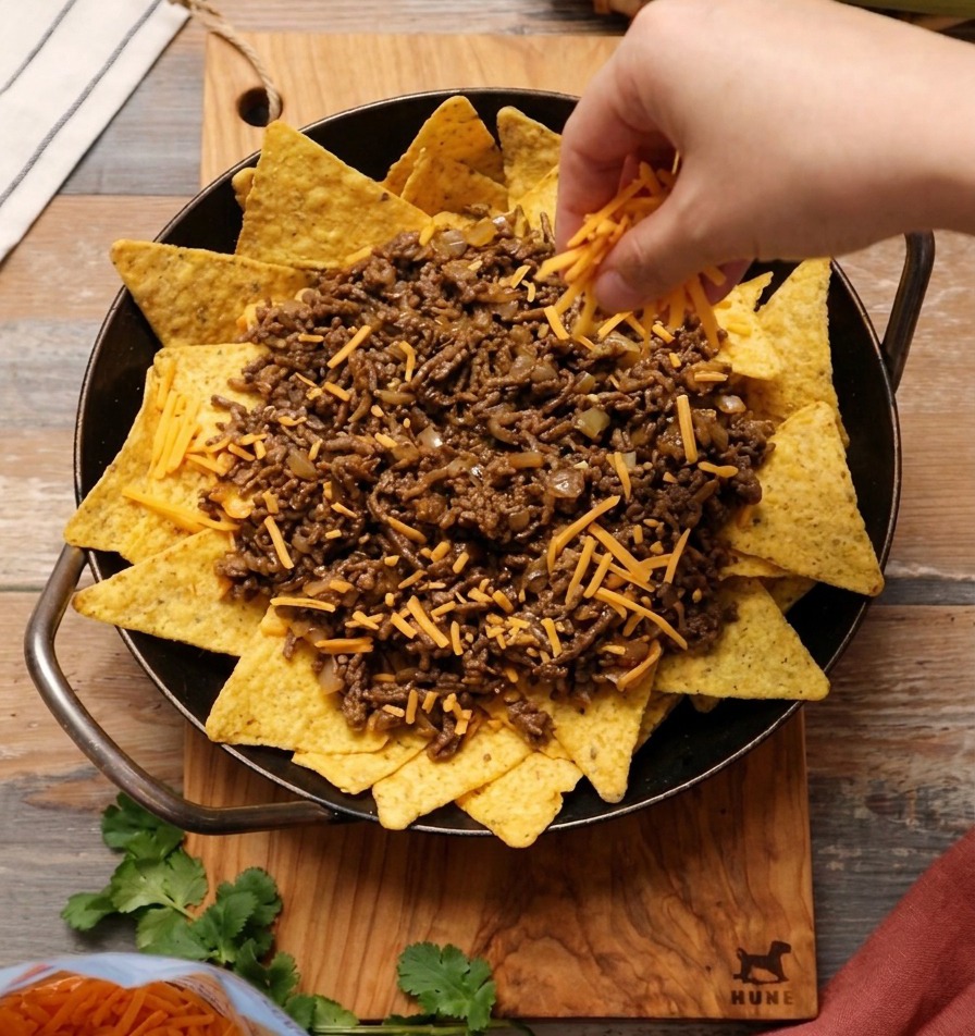 Une main parsemant généreusement du fromage râpé orange et blanc sur une poêle de nachos au bœuf.