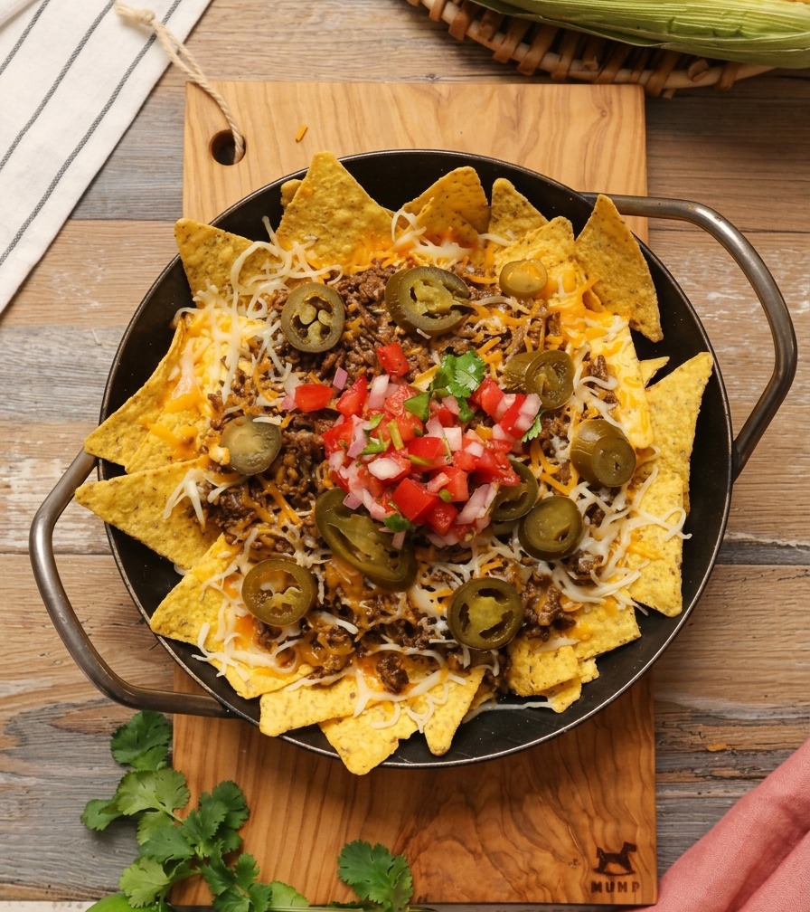Vue de dessus dune poêle de nachos au fromage fondu surmontés dune salsa rouge de tomates et doignons.