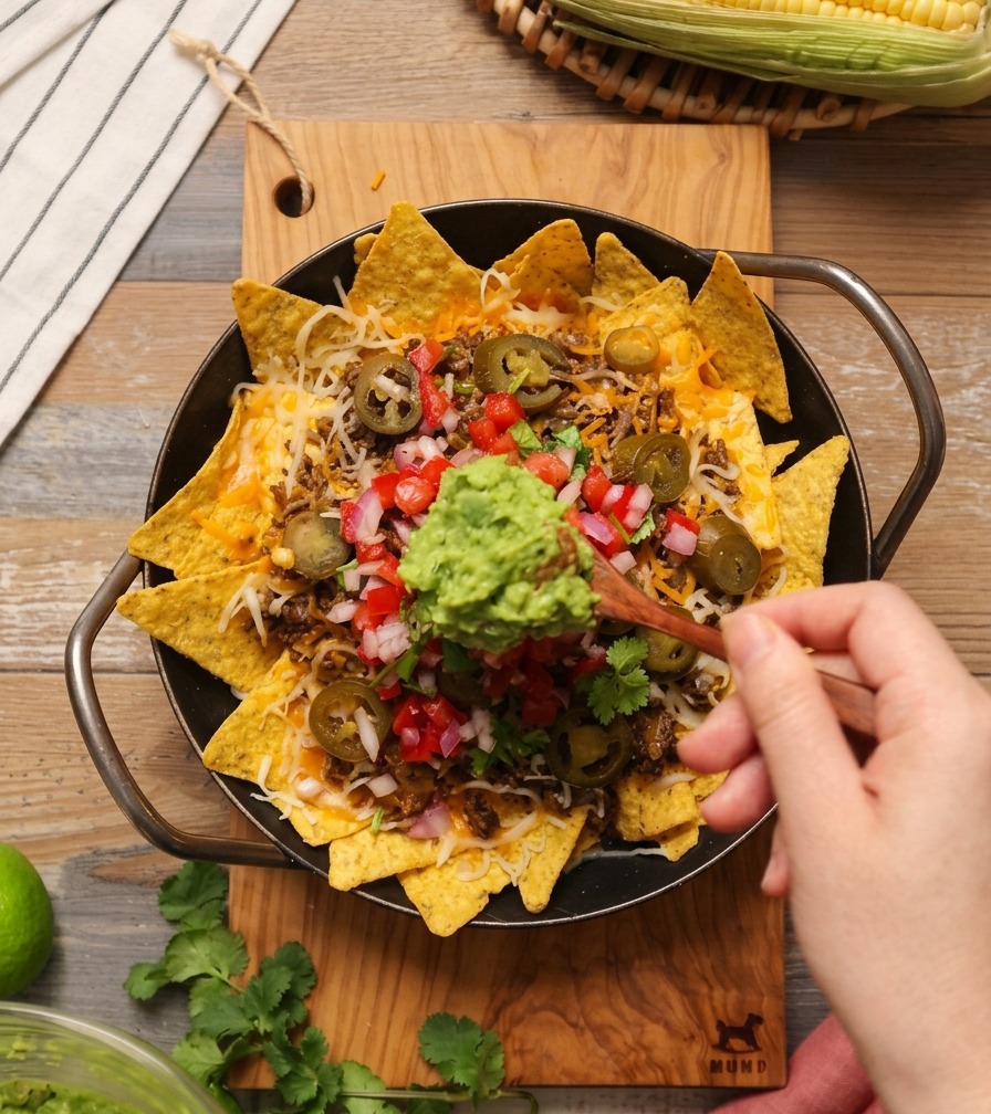 Une cuillère en bois déposant une quenelle de guacamole vert sur la salsa au centre dun plat de nachos.