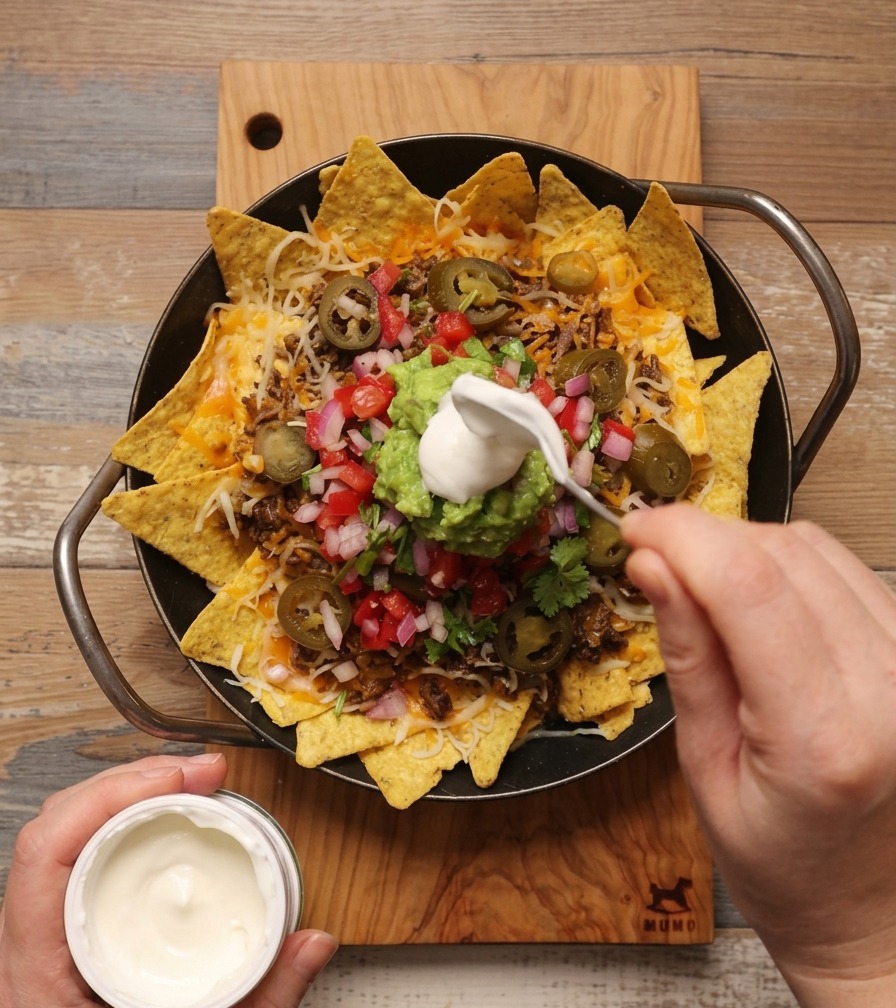 Une cuillère ajoutant une touche de crème aigre blanche sur le guacamole dans une poêle de nachos au bœuf.