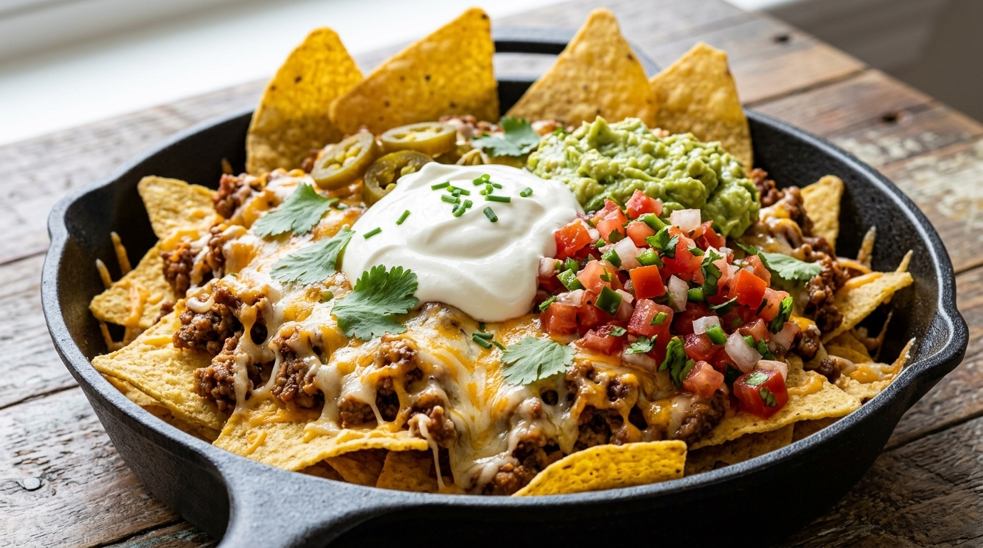 Nachos mexicains tout garnis au bœuf et fromage fondant, salsa et guacamole maison