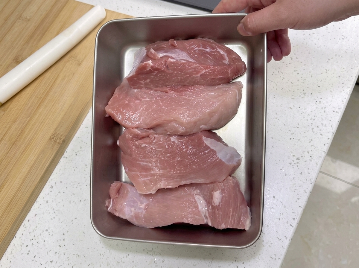 Plusieurs gros morceaux de viande de porc rose et maigre disposés soigneusement dans un plateau en acier inoxydable sur un plan de travail blanc.