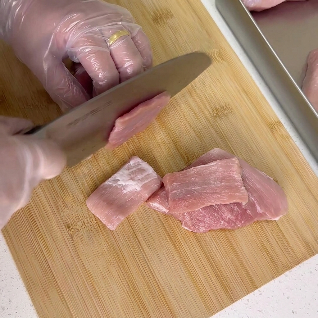 Un chef utilise un grand couperet en acier inoxydable pour couper des tranches fines et régulières de porc cru sur une planche en bois, avec plusieurs tranches déjà préparées.