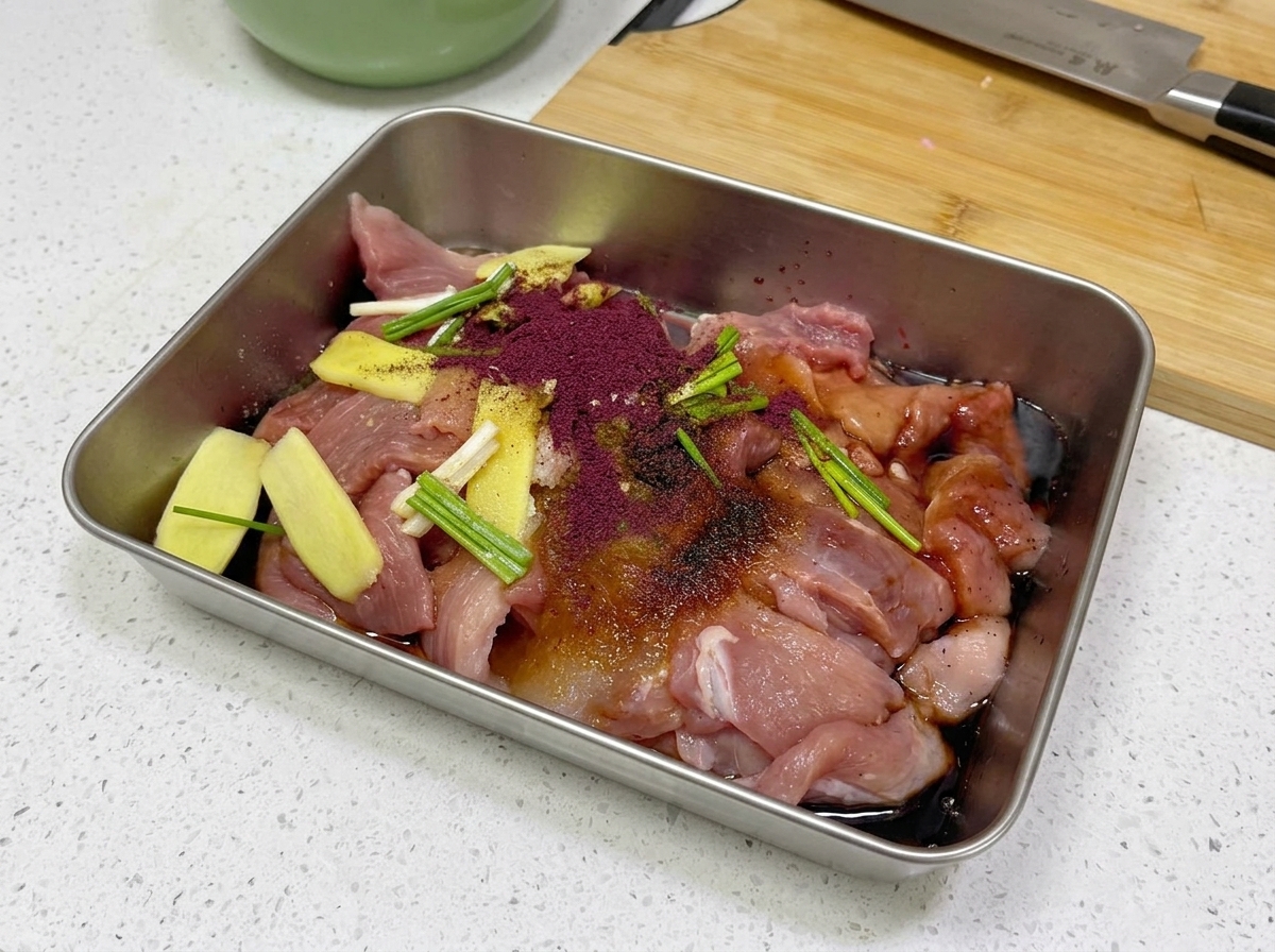 De la poudre de levure de riz rouge finement broyée est saupoudrée sur des tranches de porc crues assaisonnées et des herbes aromatiques dans un bac en acier inoxydable.