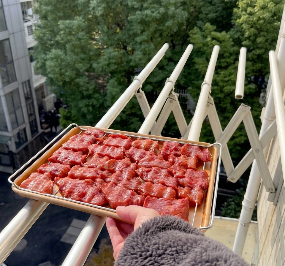 Un plateau en fil de fer rempli de tranches de porc rouge est maintenu au-dessus de la balustrade dun balcon avec une rue de la ville et des arbres verts en arrière-plan.